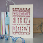 A cream and candy pink birthday card, personalised and laser cut