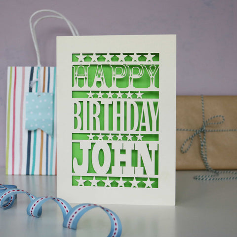 A cream laser cut birthday card personalised with a name.  - A5 / Bright Green
