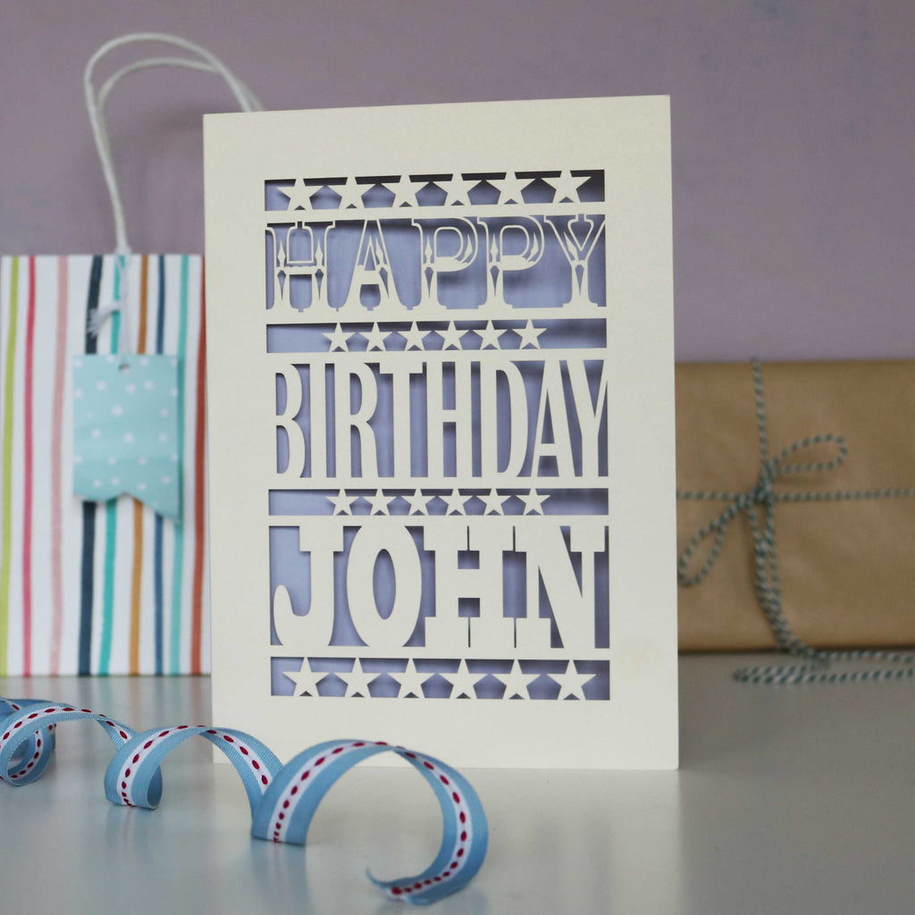 Birthday card for partners, Happy Birthday Name, laser cut from cream and has a lilac backing