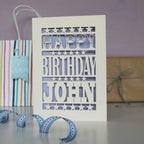 Birthday card for partners, Happy Birthday Name, laser cut from cream and has a lilac backing