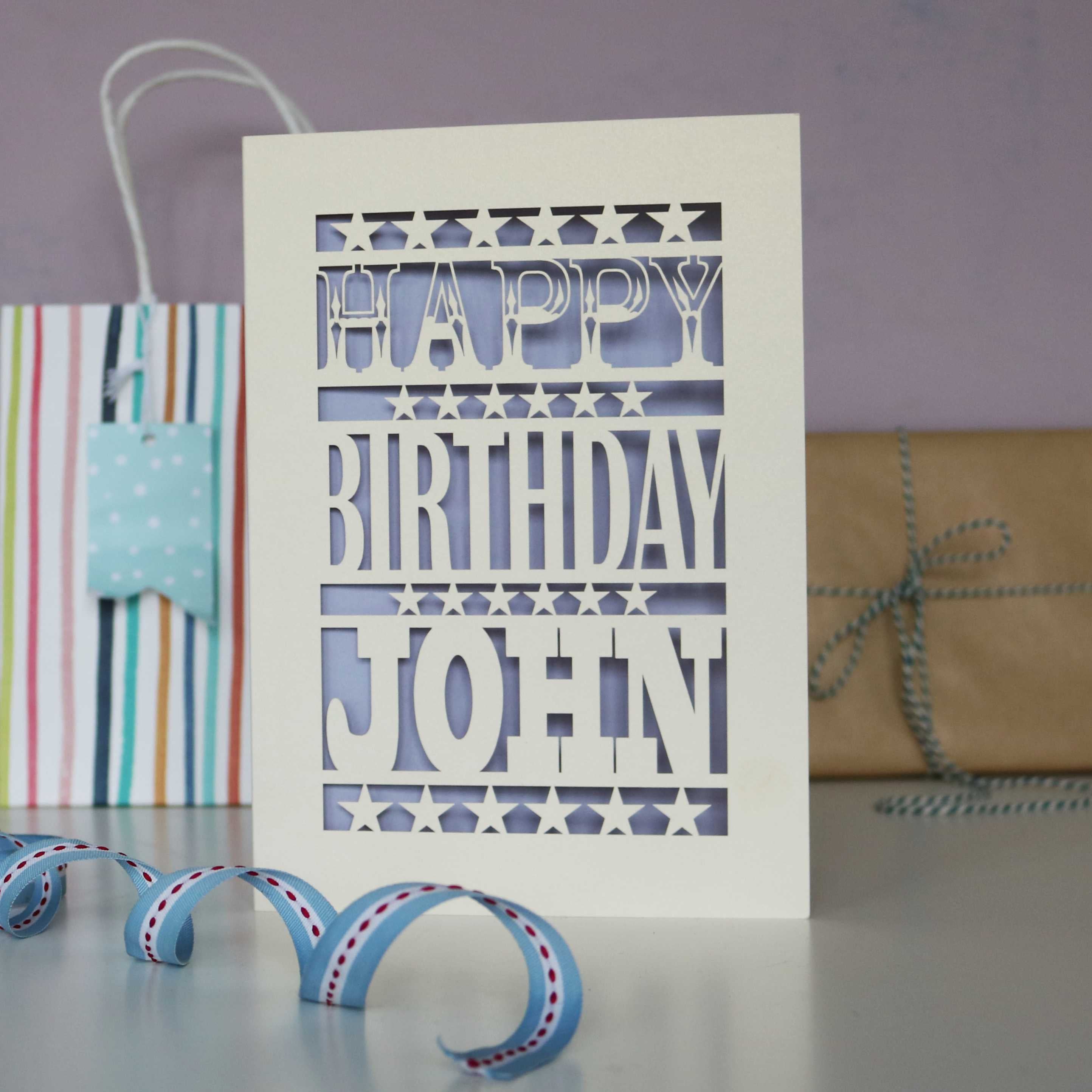Birthday card for partners, Happy Birthday Name, laser cut from cream and has a lilac backing