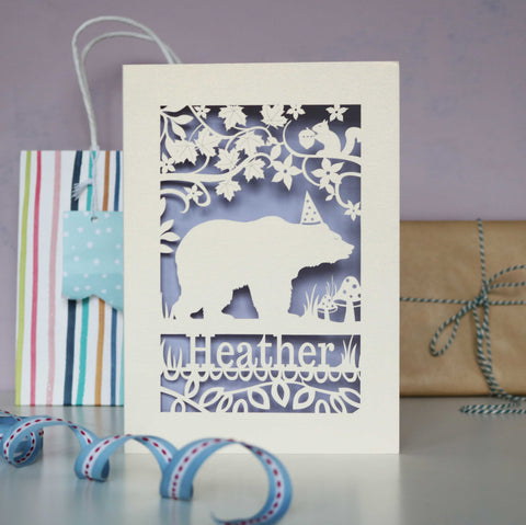 Bear birthday card laser cut from cream card with a silver insert.  Can be personalised with an age and name. - A5 (large) / Lilac