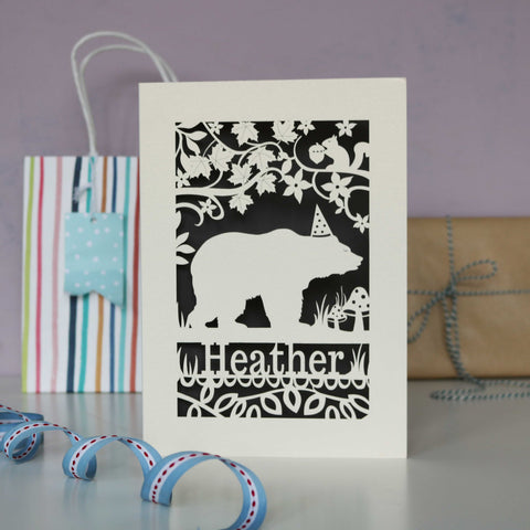 Elegant birthday card laser cut from cream card and finished with an urban grey insert. Personalised with a name and age and showing a bear in a hat. - A5 (large) / Urban Grey