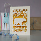 Bear in a hat birthday laser cut card cut from cream card with a sunshine yellow insert. Personalise with a name and age.