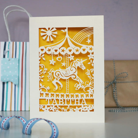 A cream and yellow laser cut birthday card, personalised with child's name and age.  - A5 (large) / Sunshine Yellow