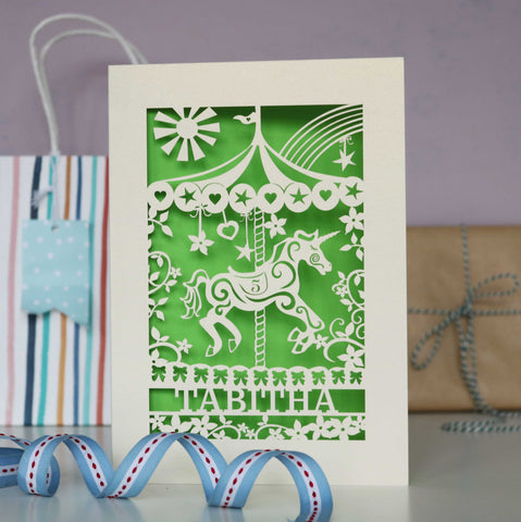 Laser cut cards for daughters. Card has a carousel horse, rainbow and flowers. - A5 (large) / Bright Green