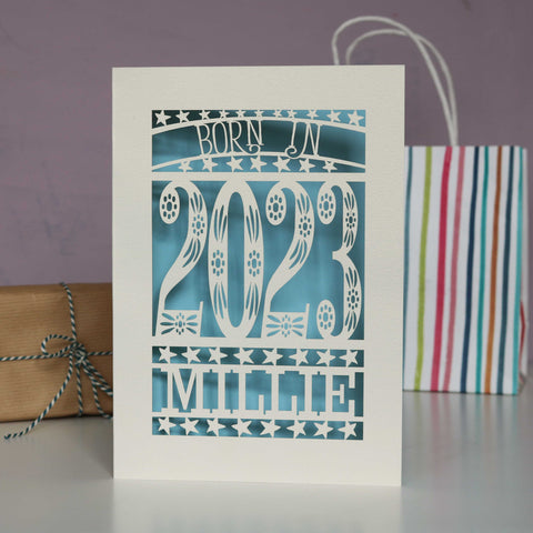 Personalised Papercut Born In 2023 First Birthday Card - Light Blue