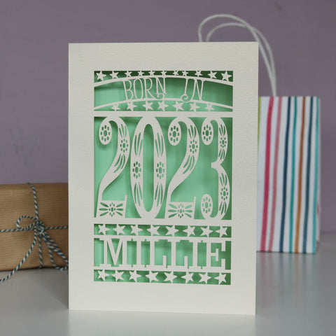 Personalised Papercut Born In 2023 First Birthday Card - Light Green