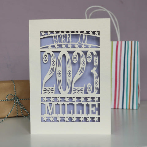 Personalised Papercut Born In 2023 First Birthday Card - Lilac
