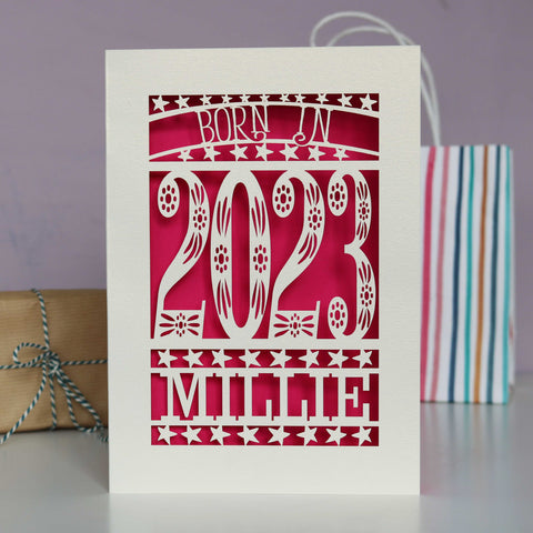 Personalised Papercut Born In 2023 First Birthday Card - Shocking Pink