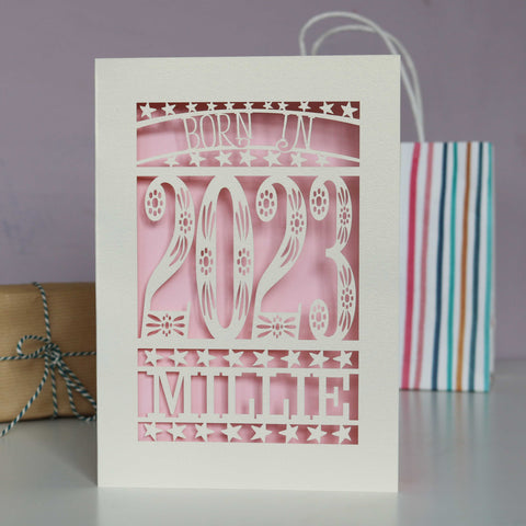 Personalised Papercut Born In 2023 First Birthday Card - Candy Pink
