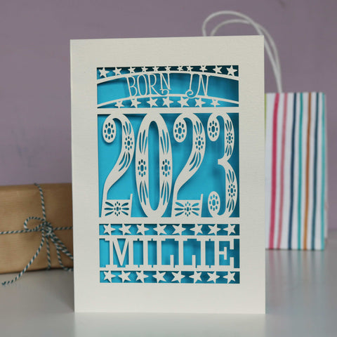 Personalised Papercut Born In 2023 First Birthday Card - Peacock Blue