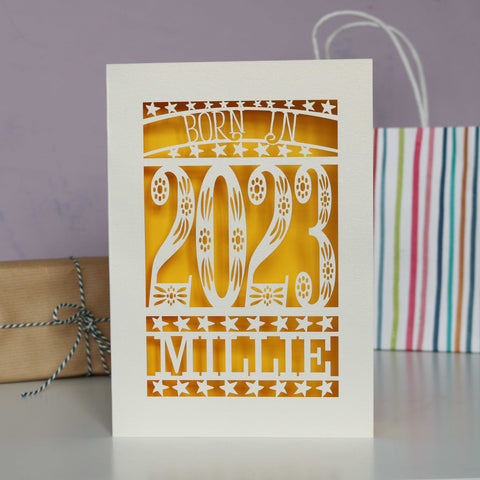 Personalised Papercut Born In 2023 First Birthday Card - Sunshine Yellow