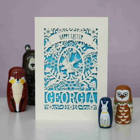 Personalised Papercut Easter Bird Card - A6 (small) / Peacock Blue