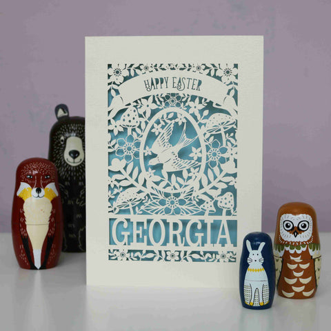 Personalised Papercut Easter Bird Card - A6 (small) / Light Blue