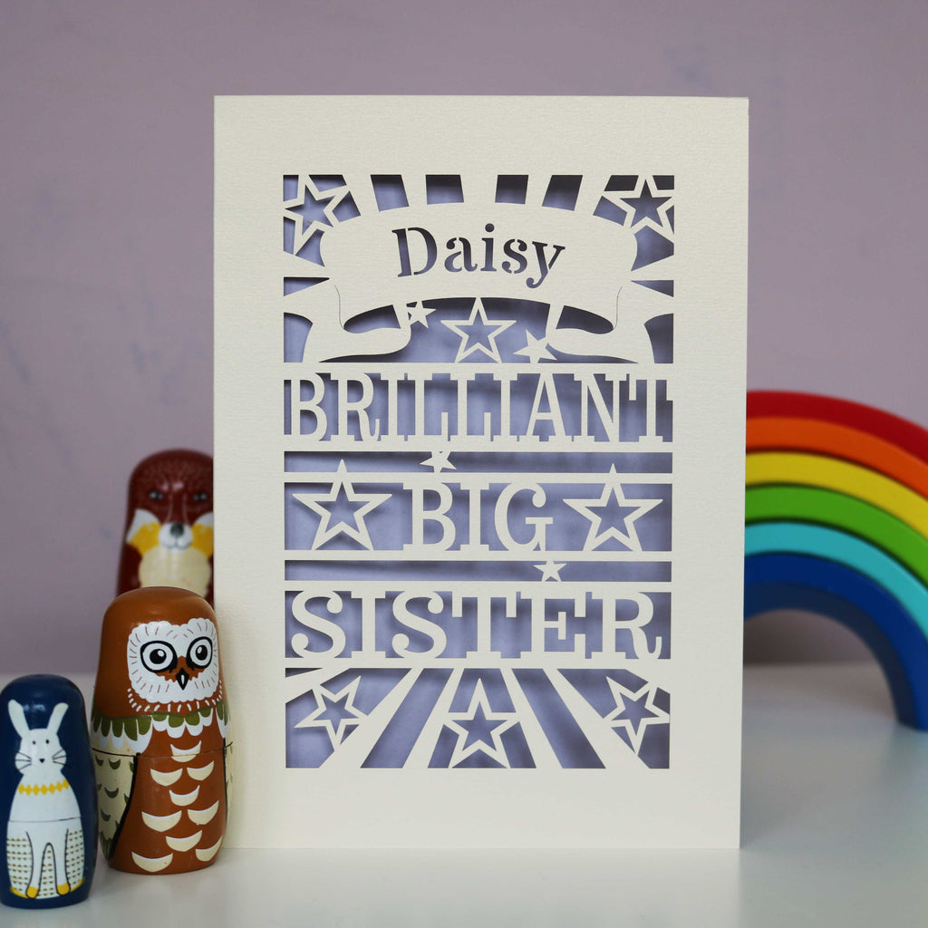 A laser cut personalised Big Sister card