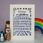 A laser cut personalised Big Sister card