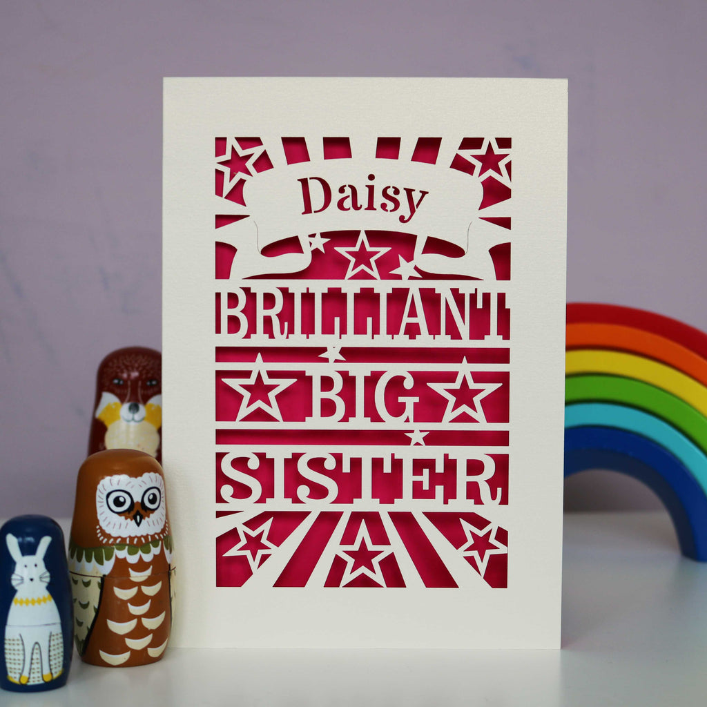 A laser cut personalised Big Sister card