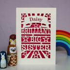 A laser cut personalised Big Sister card