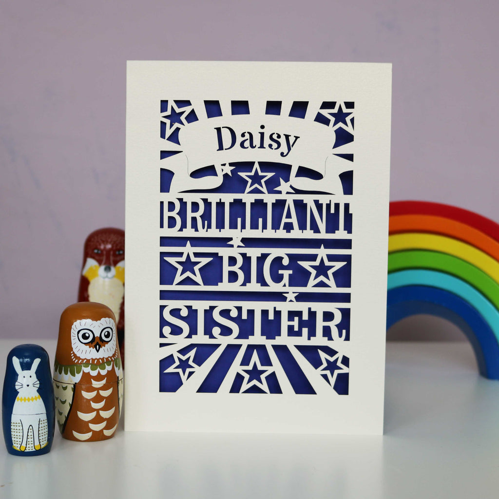 A laser cut personalised Big Sister card