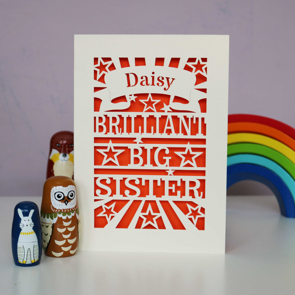A laser cut personalised Big Sister card