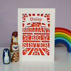 A laser cut personalised Big Sister card