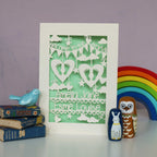 Gender neutral laser cut personalised twins card, cut from cream card with a pale green insert. Shows two sets of tiny feet cut out from two hearts, surrounded with stars, clouds and hearts. Space for the two babies names across the bottom.