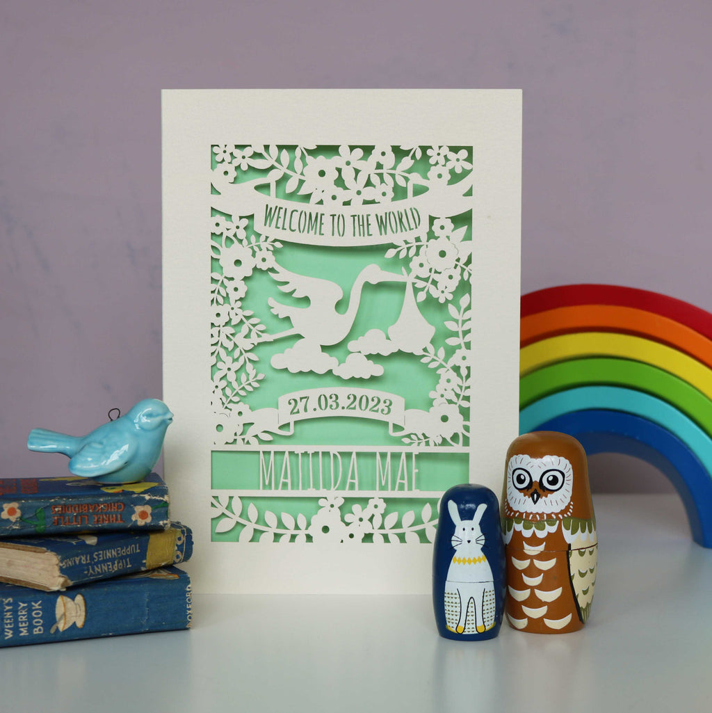 A cream new baby card with a light green coloured paper insert. The cream card is cut away to show the pastel green paper. Cut away design is of a stork, flowers, leaves and text. Text reads "Welcome to the world" at the top. The baby's date of birth and name are underneath the stork.