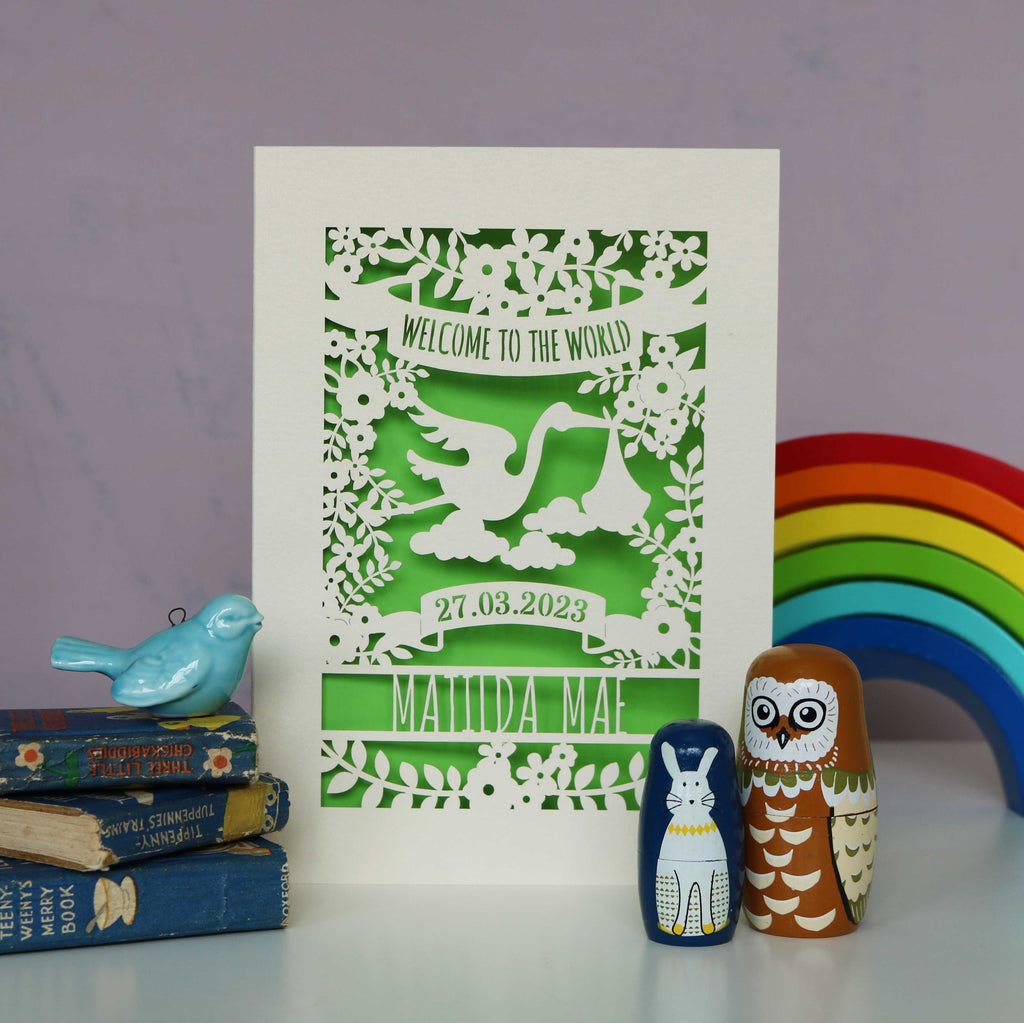 A cream and bright greet baby card. Border and cut design are cream with a bright green background. "Welcome to the World" is in the top of the design, a stork, leaves and flowers in the centre and at the bottom is the date of birth and baby's name.