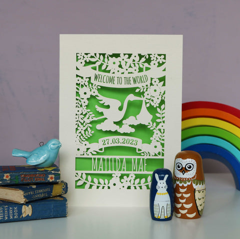 A cream and bright greet baby card. Border and cut design are cream with a bright green background. "Welcome to the World" is in the top of the design, a stork, leaves and flowers in the centre and at the bottom is the date of birth and baby's name. - A6 (small) / Bright Green