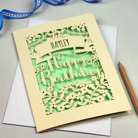 Personalised Papercut Calligraphy Birthday Card - A5 / Light Green