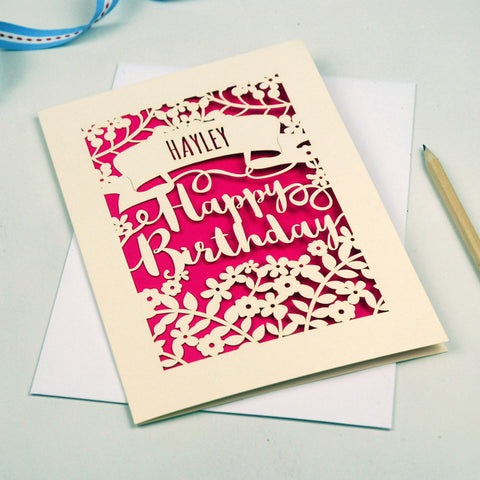 Personalised Papercut Calligraphy Birthday Card - A5 / Shocking Pink