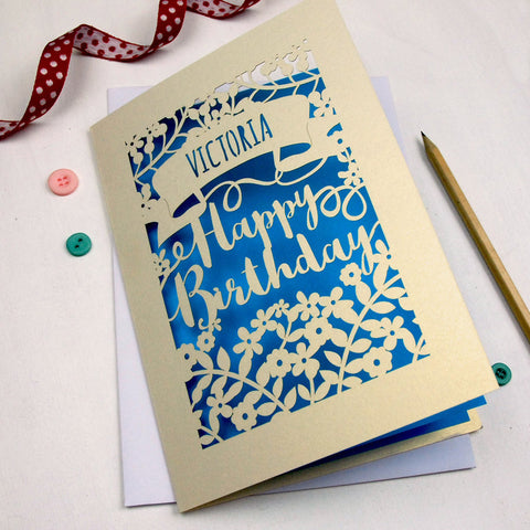 Personalised Papercut Calligraphy Birthday Card - A5 / Peacock Blue