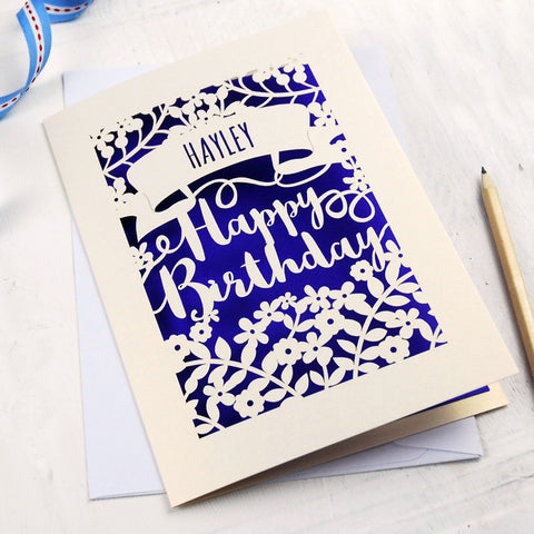 Personalised Papercut Calligraphy Birthday Card - A5 / Infra Violet