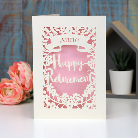 Happy Retirement personalised papercut card. Cut from cream card and finished off with a pale pink insert paper. - A5 / Cream / Candy Pink