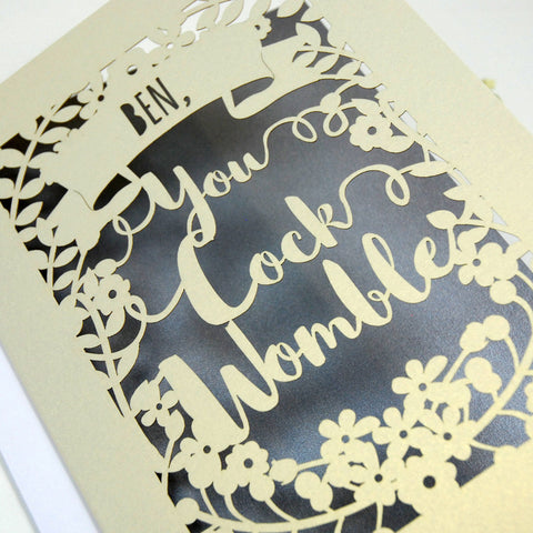 Personalised 'You Cock Womble' Papercut Card - A5 / Cream / Silver