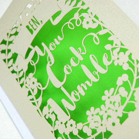 Personalised 'You Cock Womble' Papercut Card - A5 / Cream / Bright Green