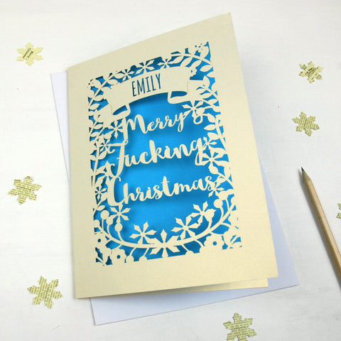 Personalised 'Merry Fucking Christmas' Papercut Card - A5 / Cream / Peacock Blue