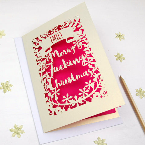 Personalised 'Merry Fucking Christmas' Papercut Card - A5 / Cream / Bright Green