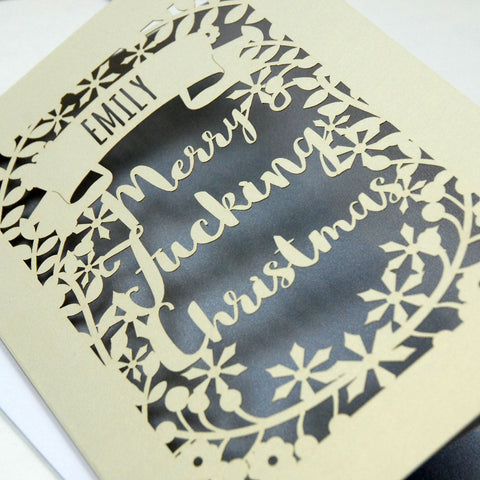 Personalised 'Merry Fucking Christmas' Papercut Card - A5 / Cream / Silver