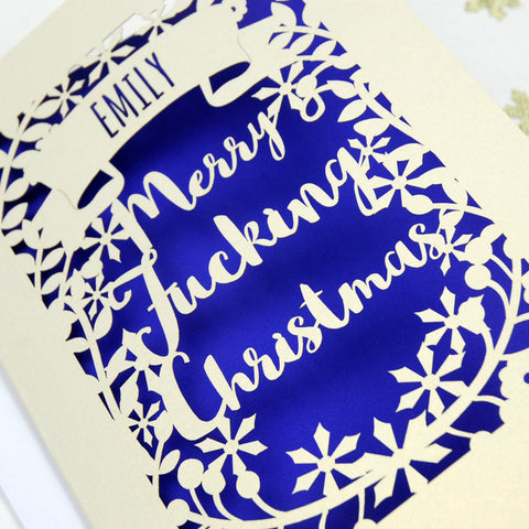 Personalised 'Merry Fucking Christmas' Papercut Card - A5 / Cream / Infra Violet