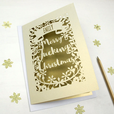 Personalised 'Merry Fucking Christmas' Papercut Card - A5 / Cream / Bright Red