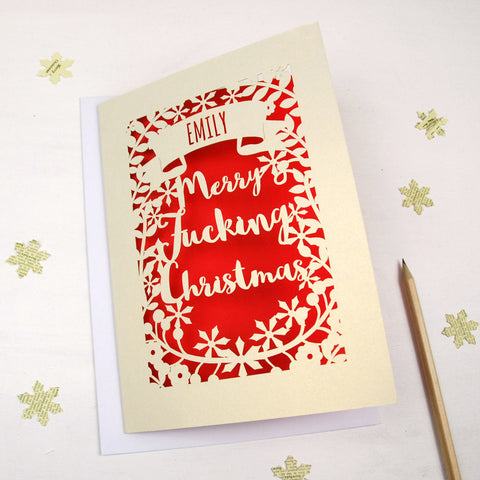 Personalised 'Merry Fucking Christmas' Papercut Card - A5 / Cream / Shocking Pink