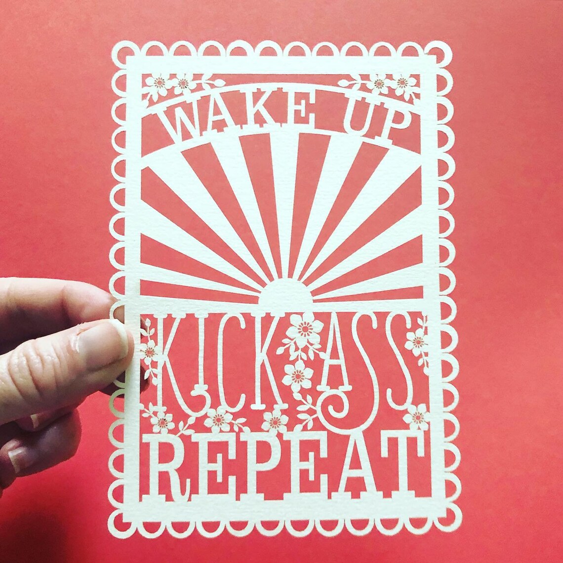Wake Up, Kick Ass, Repeat A6 Papercut Postcard