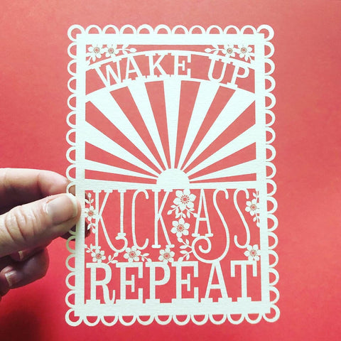 Wake Up, Kick Ass, Repeat A6 Papercut Postcard - 
