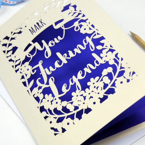 Personalised 'You Fucking Legend' Papercut Card - A5 / Cream / Infra Violet