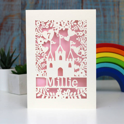 A cream and pink Happy Birthday Daughter card with a castle and hearts, a name and age.  - A6 / Candy Pink