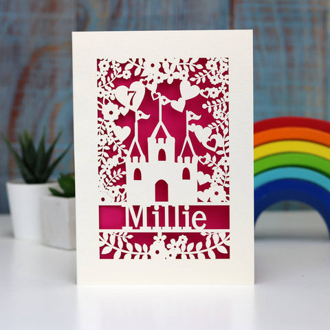 A personalised birthday card for daughters. Laser cut from cream card with a shocking pink paper inside, card has a Disney castle, a name and an age. - A5 / Shocking Pink