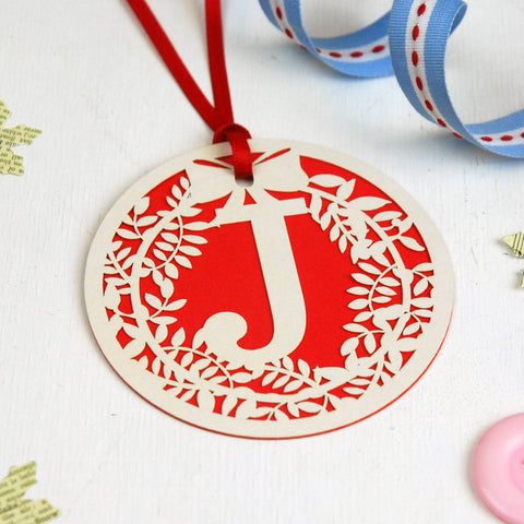 Papercut Wreath Initial Gift Tag - Red