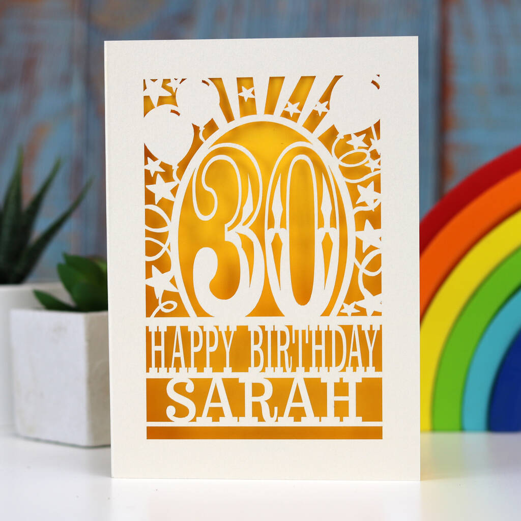 A cream laser cut card cut away to reveal a yellow background. Cut design is an age surrounded by stars and balloons, with the words "Happy birthday" and a name underneath